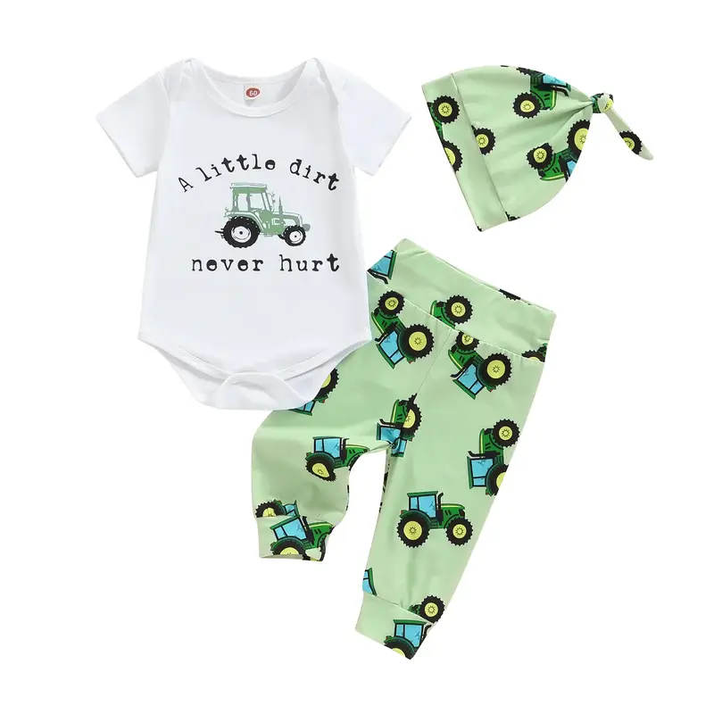 Newborn Baby Boy Tractor Clothes Cotton Funny Letter Bodysuit+Truck Leggings Hat Farm Baby Shower Coming Home Outfit