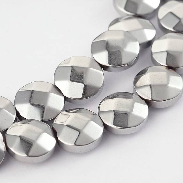 Electroplated Non-magnetic Synthetic Hematite Flat Round Bead Strands