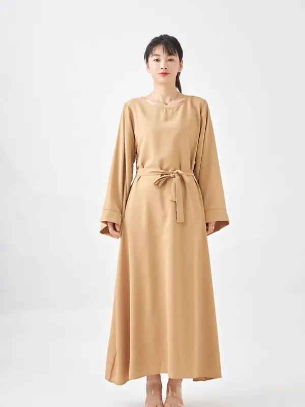Women's Solid Belted Flounce Sleeve Dress, Modest Casual Long Sleeve Round Neck A Line Dress for Daily Wear, Ladies Clothes f...