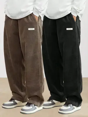 Men's Plain Letter Patched Pocket Straight Leg Corduroy Pants, Loose Casual Comfortable Trousers for Spring & Fall, Men's Bot...