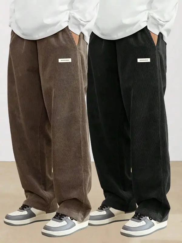 Men's Plain Letter Patched Pocket Straight Leg Corduroy Pants, Loose Casual Comfortable Trousers for Spring & Fall, Men's Bot...