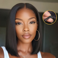 Nadula Upgraded Drawstring Yaki Straight Bob Wig 180% Density Human Hair Glueless Wig Pre-Cut Lace & Natural Scalp Springtok