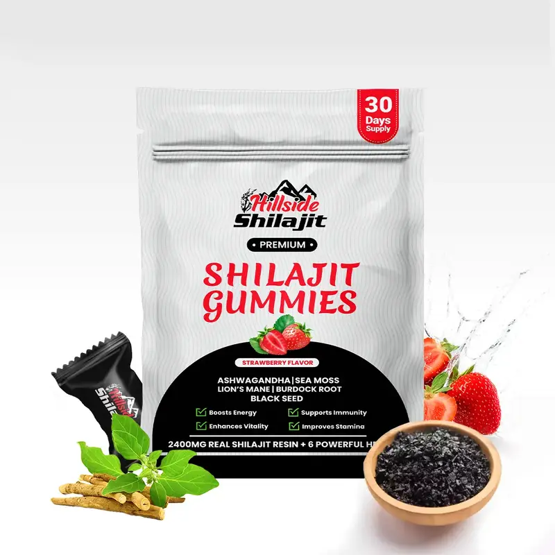 HILLSIDE SHILAJIT Shilajit Gummies for Women & Men Strawberry Flavor with Ashwagandha Burdock Roots 60 Vegan Gummies No Added...
