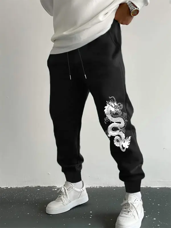 Men's Dragon Print Drawstring Sweatpants, Street Pocket Elastic Waist Trousers, Men's Clothes for Outdoor