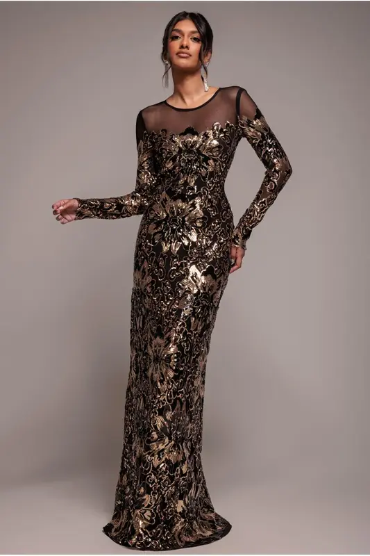 Goddiva Floral Sequin Mesh Maxi - Gold