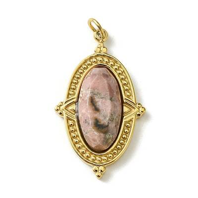 Ion Plating(IP) 304 Stainless Steel Pave Faceted Natural Rhodonite Pendants
