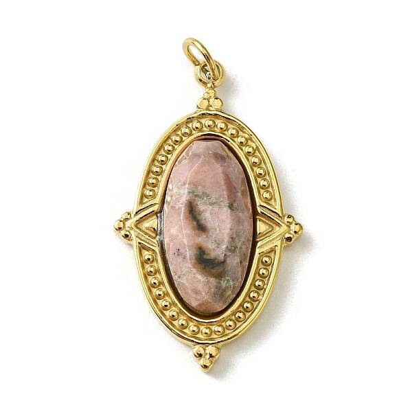 Ion Plating(IP) 304 Stainless Steel Pave Faceted Natural Rhodonite Pendants
