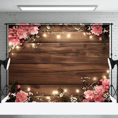 Aperturee Pinky Wooden Lights Floral Sweet Wedding Backdrop