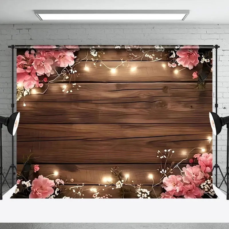 Aperturee Pinky Wooden Lights Floral Sweet Wedding Backdrop