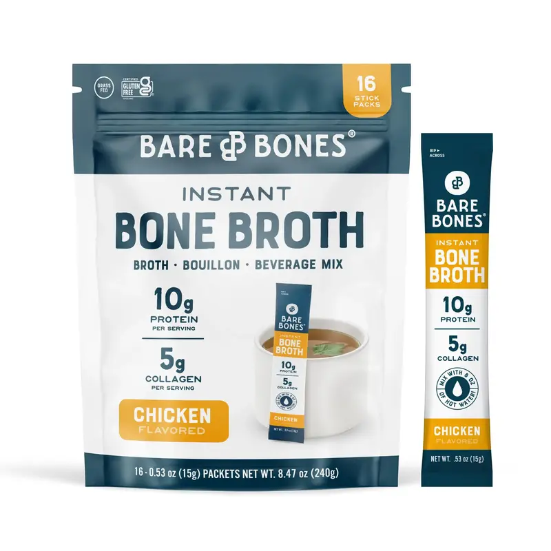 Bare Bones Instant Bone Broth Chicken Flavor | 10g Protein & 5g Collagen | Gut Health & Protein Boost | Keto, Paleo, Intermit...