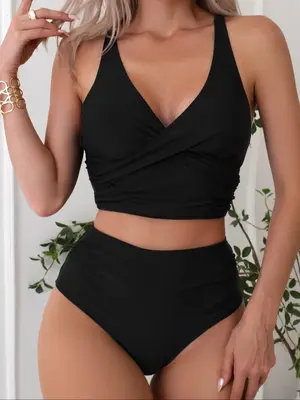 Women's Criss Cross Ruched Tankini Swimsuits Sets, Summer Clothes Women, Solid Adjustable Strap Swim Top & High Waist Swim Bo...