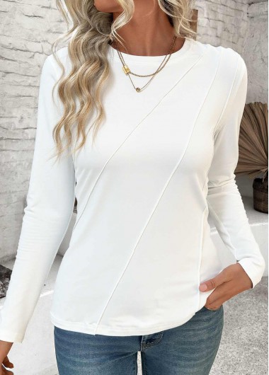 Modlily White Tuck Stitch Long Sleeve Round Neck T Shirt - XL