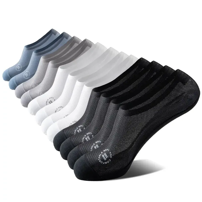 Men's Ultra-Thin Mesh No-Show Socks - 6 Pack Breathable Invisible Ankle Socks Low-Cut with Anti-Slip Heel, Summer Cotton Blen...