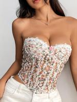 Women's Ditsy Floral Contrast Lace Corset Structure Tube Top, Fashion Casual Lace Up Tie Back Strapless Top for Daily Outdoor...