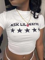 Women's Letter & Star Print Round Neck Crop Tee, Casual Star Print Short Sleeve T-shirt for Daily Wear, Ladies Clothes for Al...