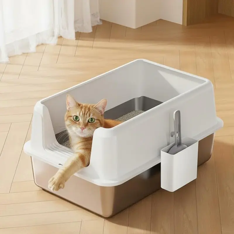 Garvee Non-Stick Stainless Steel Litter Box, Side Opening Splash-Proof & Leak-Proof Large Metal Cat Litter Box with Lid & Sco...