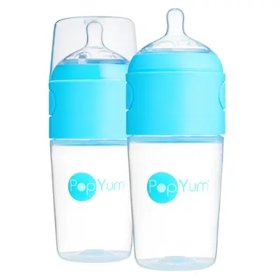 PopYum 9 oz Blue Anti-Colic Formula Making Baby Bottle, 2-Pack with #2 Medium Flow Nipples