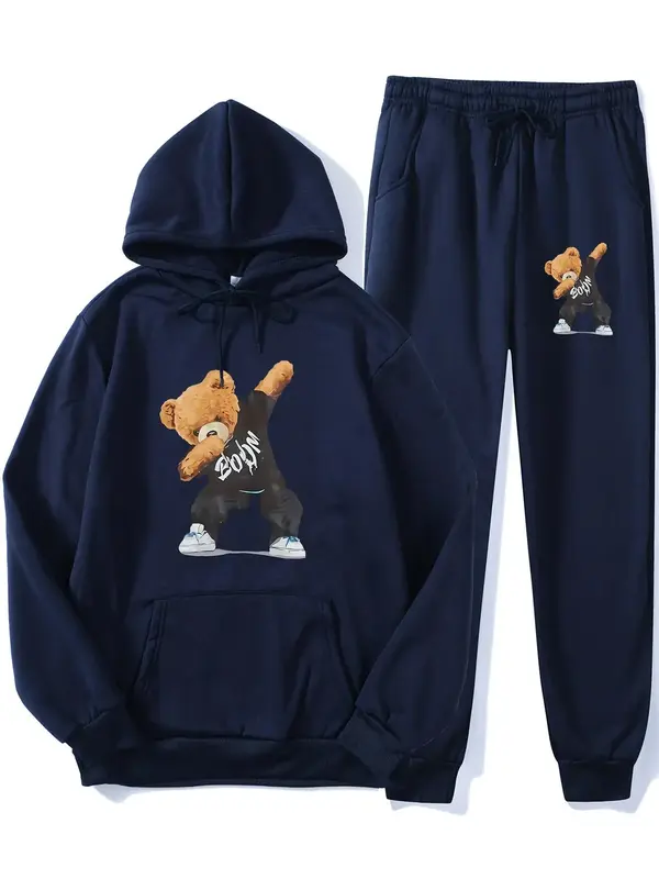 Men's Cartoon Bear Print Pocket Sweatpants Set, Street Long Sleeve Hoodie & Drawstring Waist Sweatpants for Fall & Winter, Me...