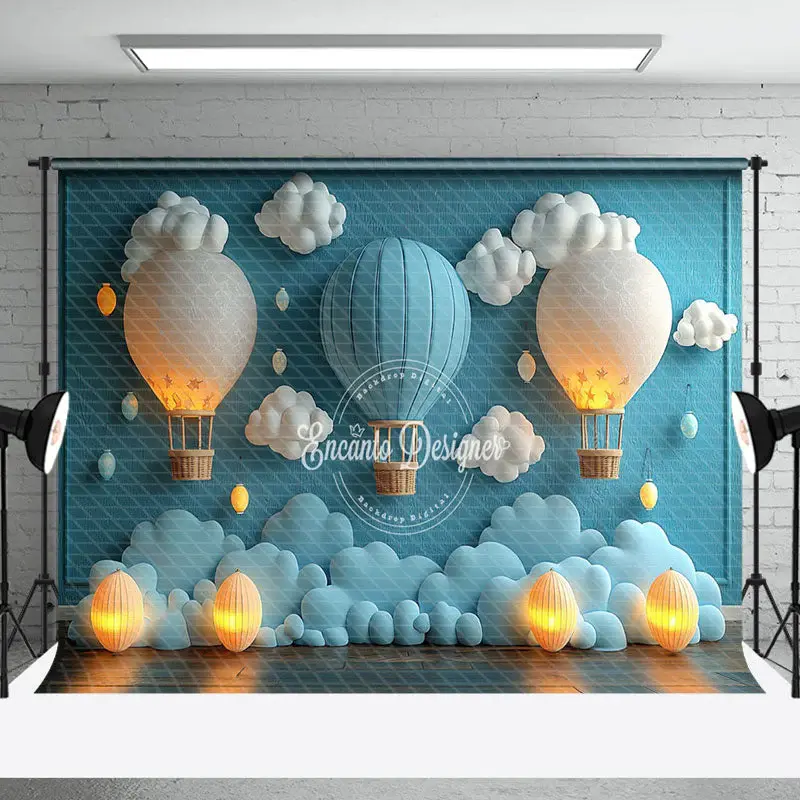 Lighted Hot Air Balloon Cloud Cake Smash Backdrop - Aperturee