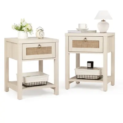 VOWNER 2 PCS White Rattan Nightstand Set of 2 with Drawer, Vintage Metal Pull Handle, Bedside Table, Side Tables & Storage Sh...