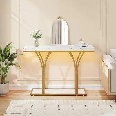 Yitahome LED Gold Console Table, Modern Sofa Table for Living Room, Hallway, White and Gold Entryway Table, with Faux Marble ...