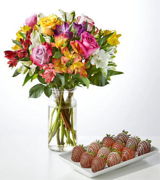 Smiles and Sunshine Bouquet and Berry Bundle - Standard Bouquet with Berries and Glass Vase - FedEx