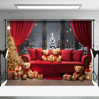 Aperturee Red Sofa Teddy Bear Curtain Window Tree Xmas Backdrop