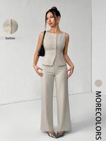 Two-piece Set Women's Solid Button Front Tank Top & Wide Leg Pants Set, Lady Elegant Casual Fit Fashion Two-piece Set for Sum...