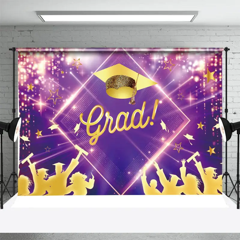 Purple Golden Lights Students Graduation Backdrop - Aperturee