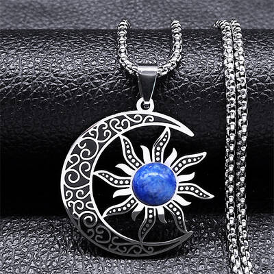 Gothic Moon Sun 304 Stainless Steel Pave Natural Lapis Lazuli Pendant Necklaces for Women