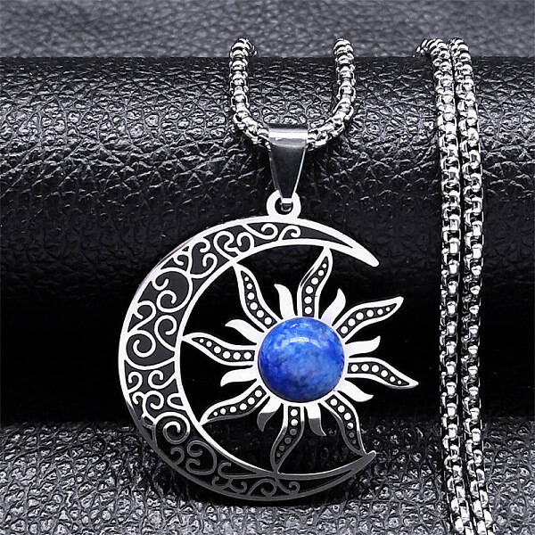 Gothic Moon Sun 304 Stainless Steel Pave Natural Lapis Lazuli Pendant Necklaces for Women