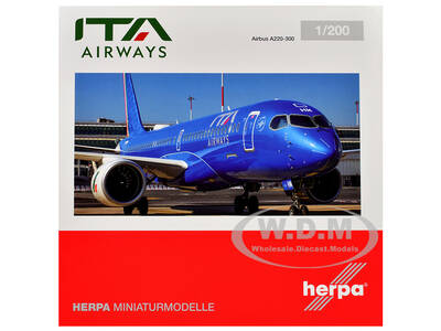 Airbus A220-300 Commercial Aircraft ITA Airways (EI-HHM) Blue with Tail Stripes 1/200 Diecast Model Airplane by Herpa