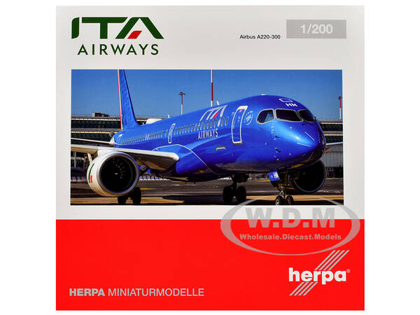 Airbus A220-300 Commercial Aircraft ITA Airways (EI-HHM) Blue with Tail Stripes 1/200 Diecast Model Airplane by Herpa