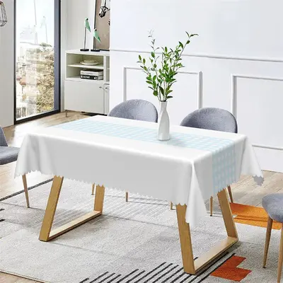 Light Grey White Blue Plaid Rectangle Tablecloth - Aperturee