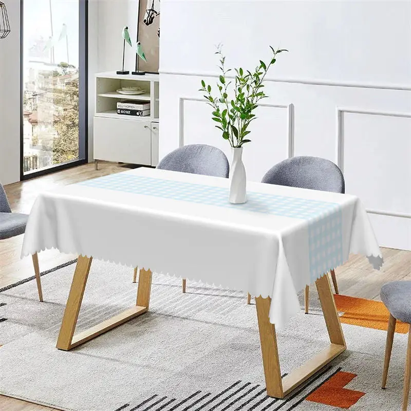 Light Grey White Blue Plaid Rectangle Tablecloth - Aperturee