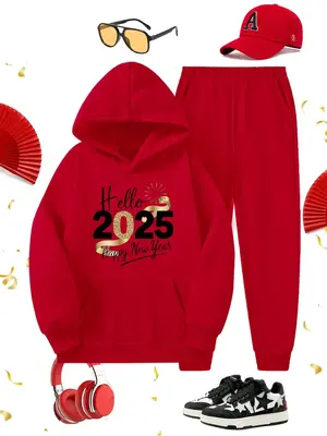 Two-Piece Set Boy's Letter Print Hoodie & Jogger Pants Thermal Lined Set, Casual Long Sleeve Hooded Sweatshirt & Sweatpants f...