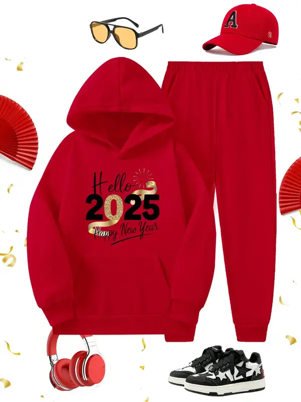 Two-Piece Set Boy's Letter Print Hoodie & Jogger Pants Thermal Lined Set, Casual Long Sleeve Hooded Sweatshirt & Sweatpants f...