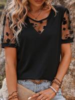 Women's Plain Floral Lace Splicing Tee, Fitted Casual Short Sleeve T-shirt for Summer, Ladies Clothes for Daily Wear