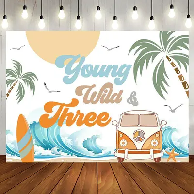 Young Wild Three Groovy Beach Birthday Backdrop - Aperturee
