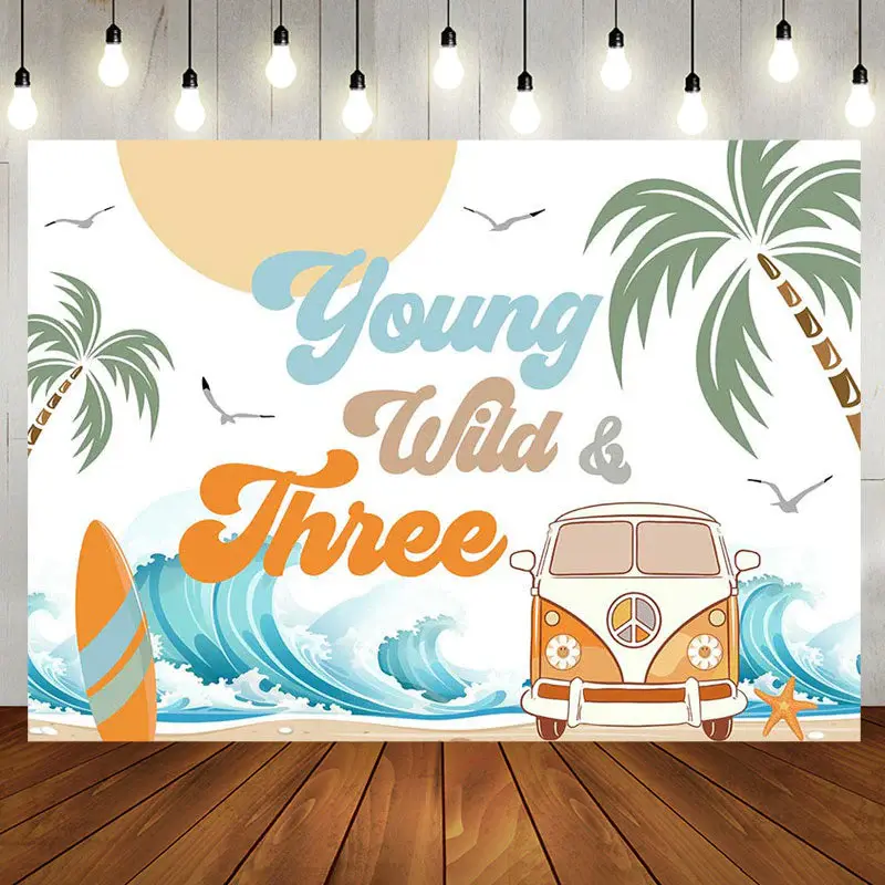 Young Wild Three Groovy Beach Birthday Backdrop - Aperturee