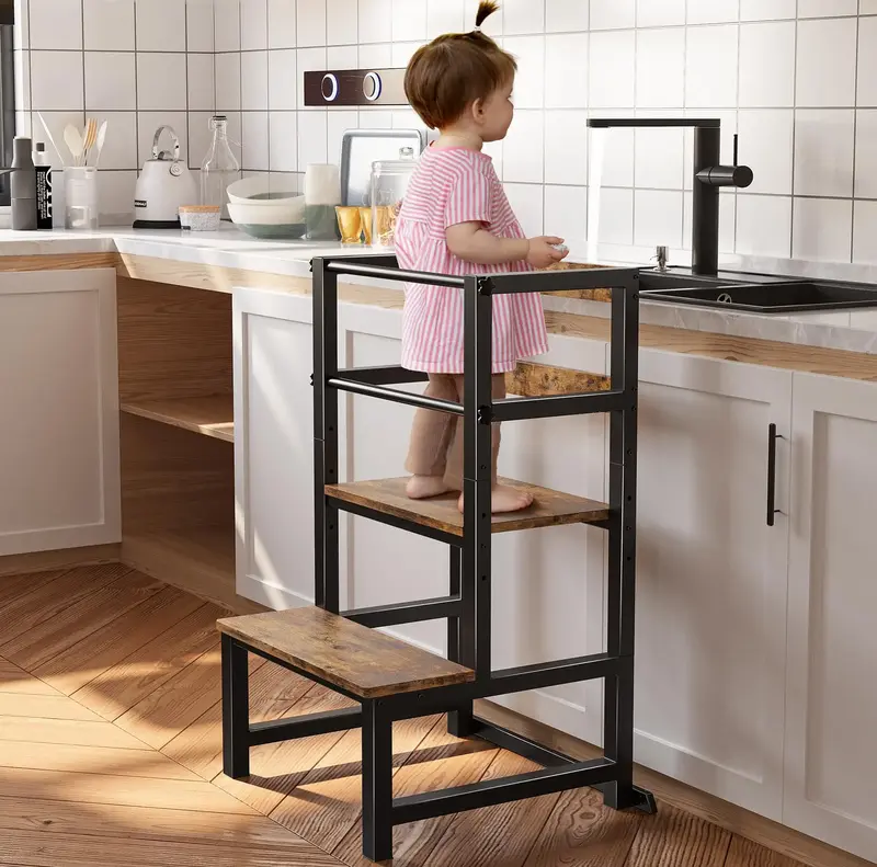 Toddler Kitchen Step Stool, Adjustable Height Learning Tower with Safety Rail, Steel & Wood Kitchen Stool for Kids, Toddler H...