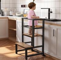 Toddler Kitchen Step Stool, Adjustable Height Learning Tower with Safety Rail, Steel & Wood Kitchen Stool for Kids, Toddler H...