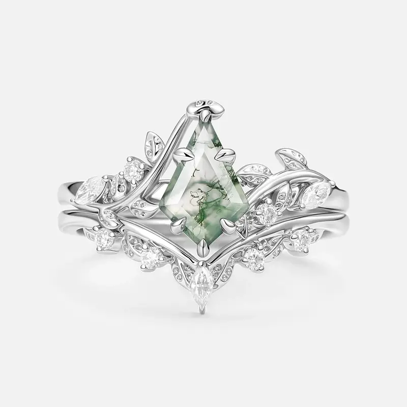 Sterling Silver Kite Cut Leaves Moss Agate Engagement Ring