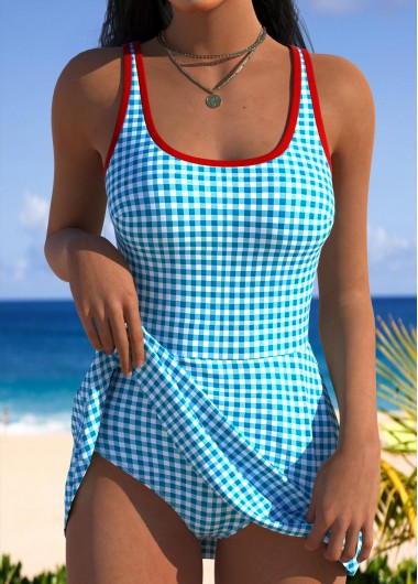 Modlily Blue Tummy Coverage Plaid One Piece Swimwear - L
