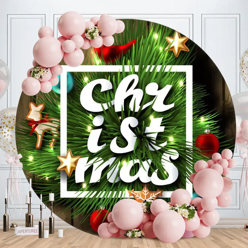 Light Green Leaves Round Wood Christmas Backdrop - Aperturee