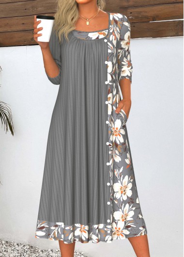 Modlily Dark Grey Patchwork Floral Print A Line Dress - XL