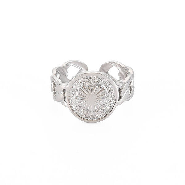 Non-Tarnish 304 Stainless Steel Flat Round with Heart Open Cuff Ring for Women