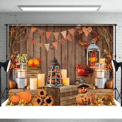 Lovely Pumpkins with Leaves Happy Halloween Backdrop - Aperturee