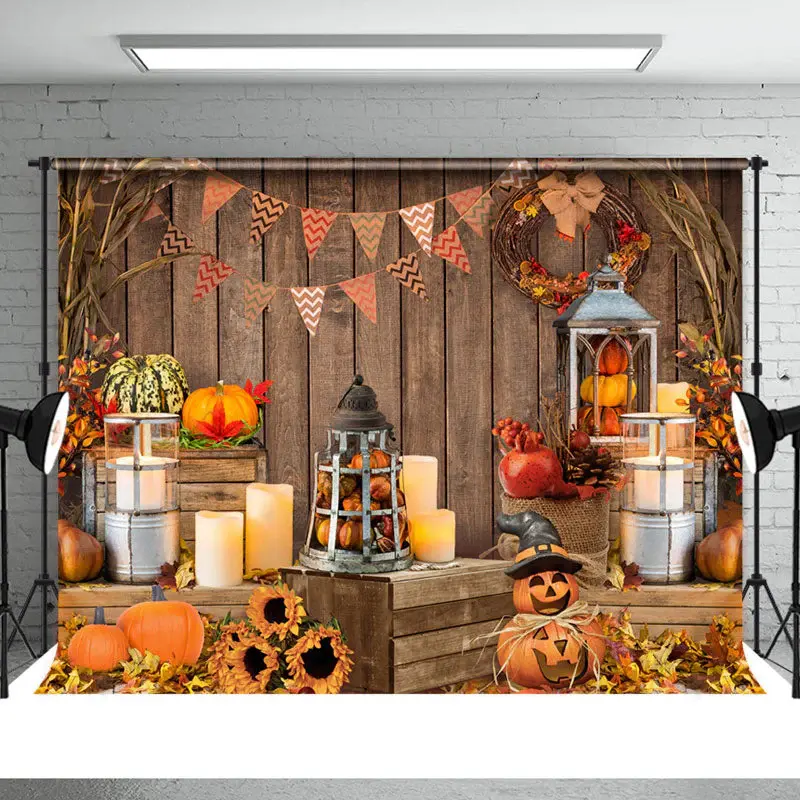 Lovely Pumpkins with Leaves Happy Halloween Backdrop - Aperturee