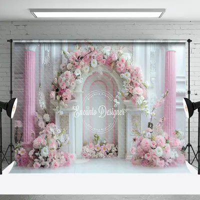 White Luxury Wall Pink Floral Wedding Photo Backdrop